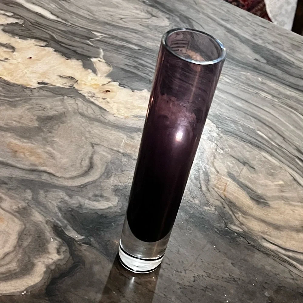 Hand Blown Polish Amethyst Purple Cylinder Vase Clear Bottom 8 1/2”